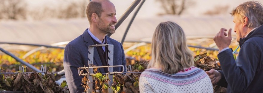 Prince William, Duke of Rothesay, with Jim and Kate Porter in East Scryne Fruit Farm's polytunnels