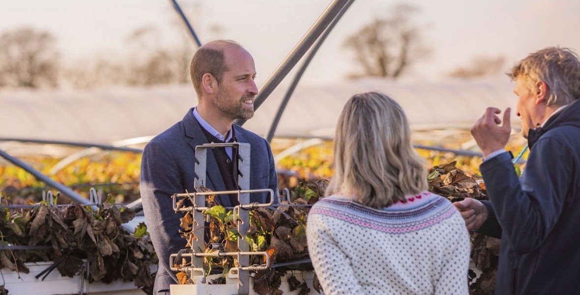 Prince William, Duke of Rothesay, with Jim and Kate Porter in East Scryne Fruit Farm's polytunnels